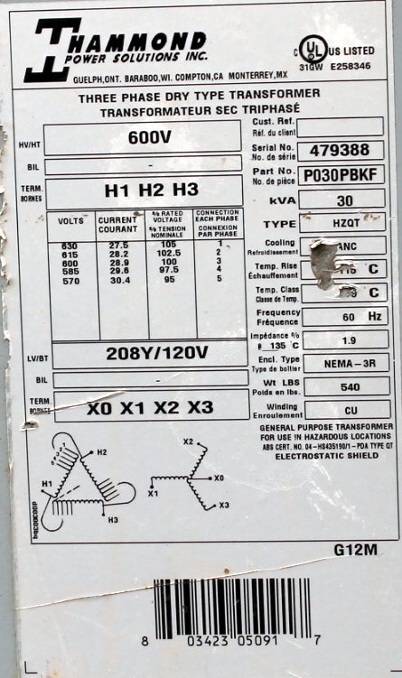 30 kVA HPS Reconditioned Transformer 600-120/208V Cat No P030PBKF SKU 3130