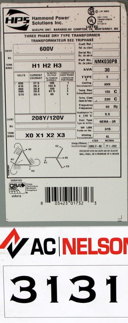 30 kVA HPS Reconditioned Transformer 600-120/208V Cat No NMK030PB SKU 3131