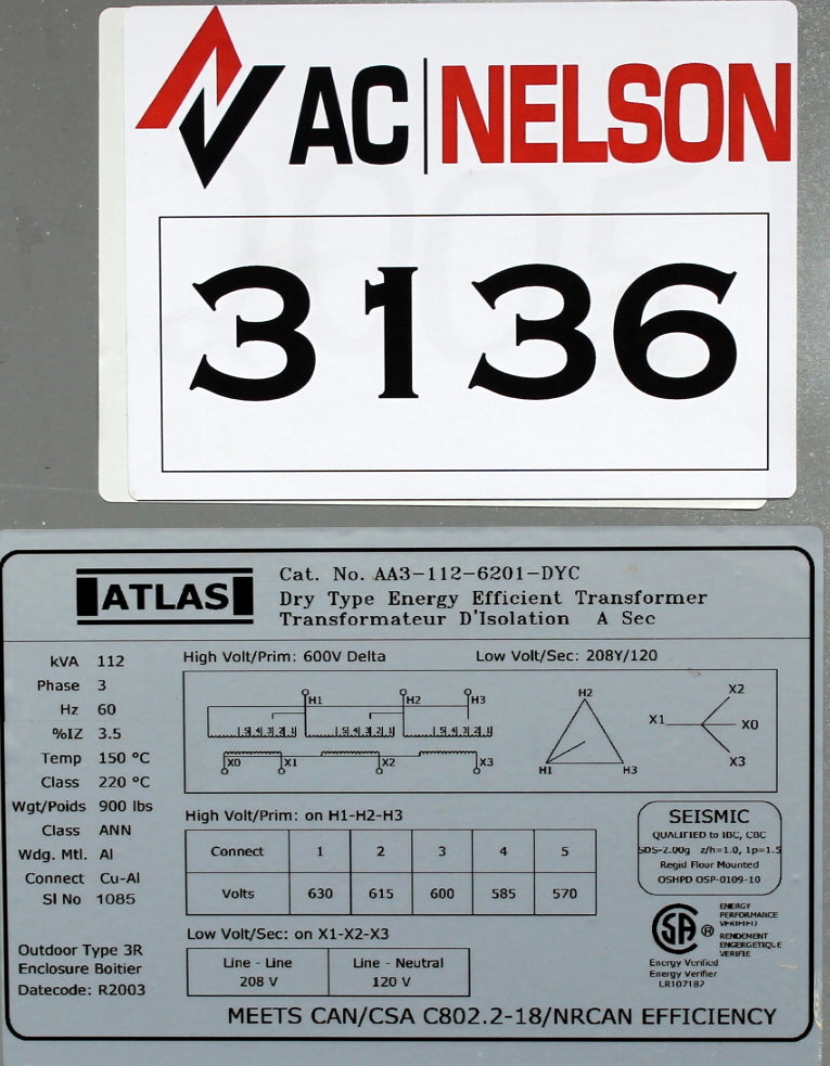 112 kVA ATLAS Reconditioned Transformer 600-208Y/120V Cat No AA3-112-6201-DYC SKU 3136