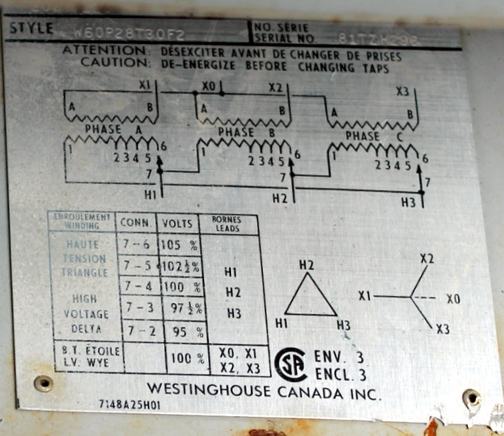 30 kVA WESTINGHOUSE Reconditioned Transformer 600-120/208V Cat No W60P28T30F2 SKU 3144