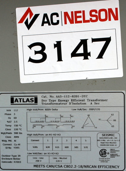 112 kVA ATLAS Reconditioned Transformer 600-120/208V Cat No AA3-112-6201-DYC SKU 3147