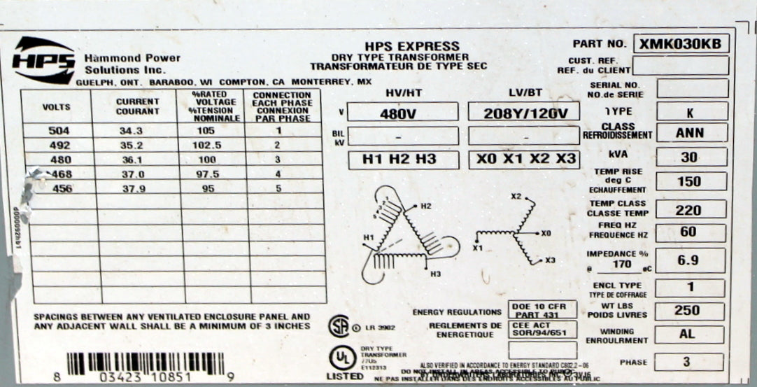 30 kVA HPS Reconditioned Transformer 480-120/208V Cat No XMK030KB SKU 3150