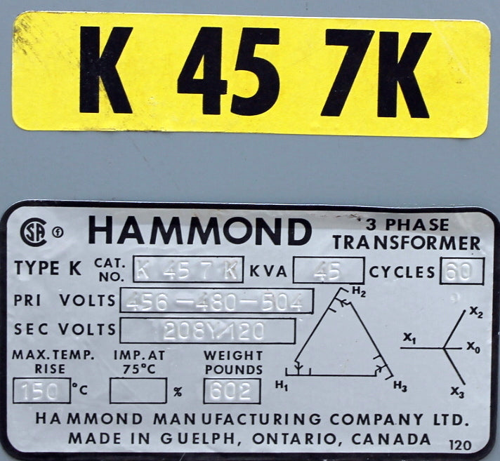 45 kVA HPS Reconditioned Transformer 480-120/208V Cat No K457K SKU 3153