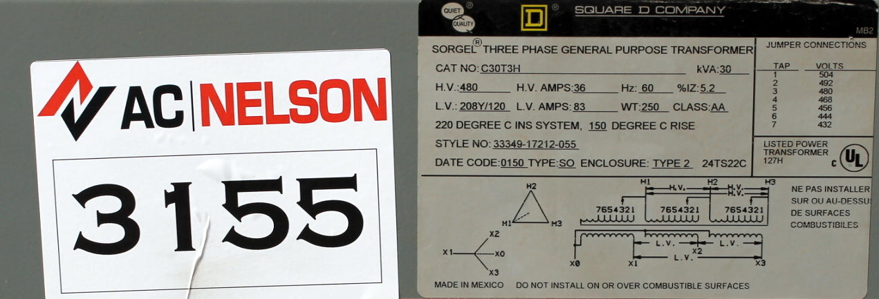 30 kVA SQD Reconditioned Transformer 480-120/208V Cat No C30T3H SKU 3155