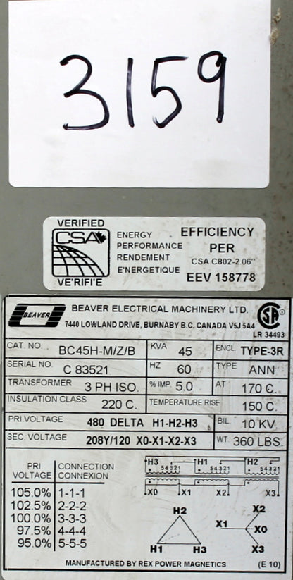 45 kVA REX Reconditioned Transformer 480-120/208V Cat No BC45H-M/Z/B SKU 3159