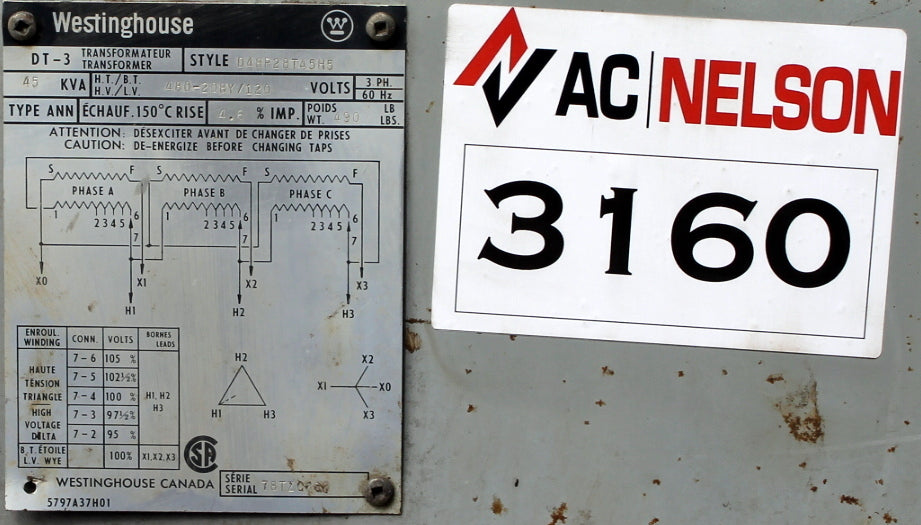 45 kVA WESTINGHOUSE Reconditioned Transformer 480-120/208V Cat No H48PZ8T45H5 SKU 3160