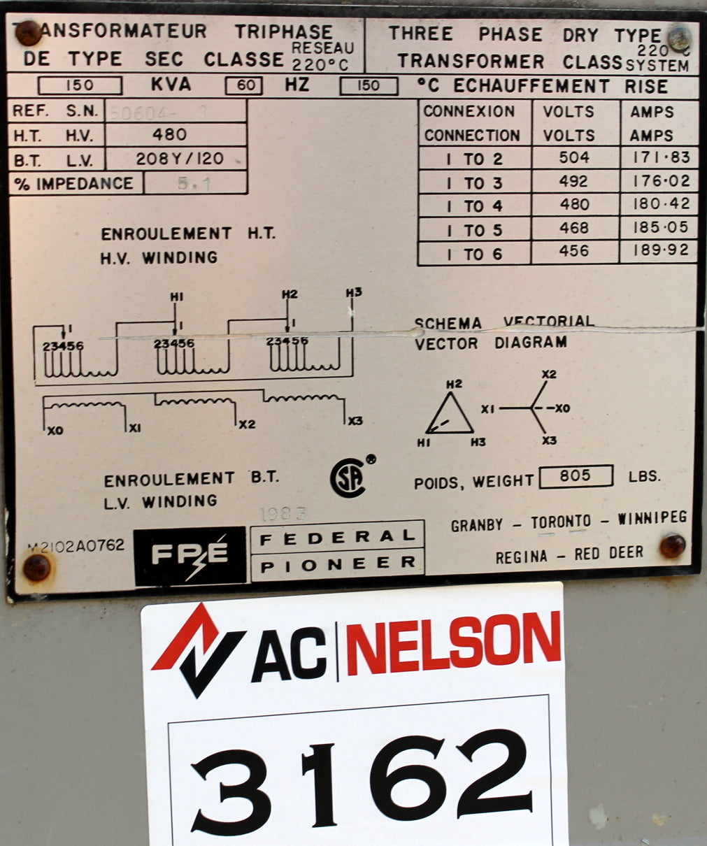 150 kVA FPL Reconditioned Transformer 480-120/208V SKU 3162