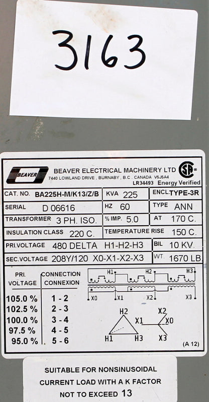 225 kVA REX Reconditioned Transformer 480-120/208V Cat No BA225H-M/K13/Z3 SKU 3163