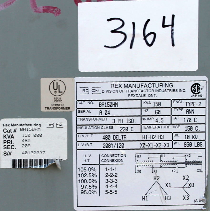 150 kVA REX Reconditioned Transformer 480-120/208V Cat No BA150H-M/ SKU 3164