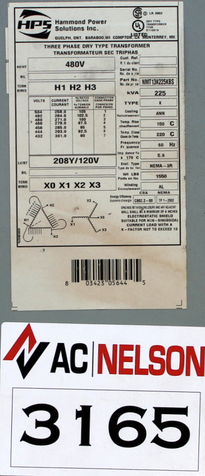 225 kVA HPS Reconditioned Transformer 480-120/208V Cat No NMT13K225KBS SKU 3165