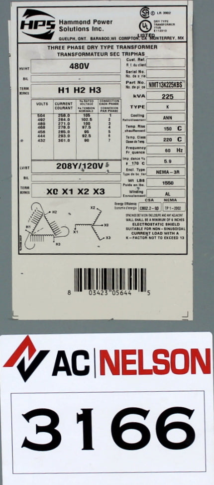 225 kVA HPS Reconditioned Transformer 480-120/208V Cat No NMT13K225KBS SKU 3166