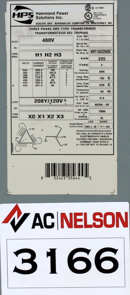 225 kVA HPS Reconditioned Transformer 480-120/208V Cat No NMT13K225KBS SKU 3166