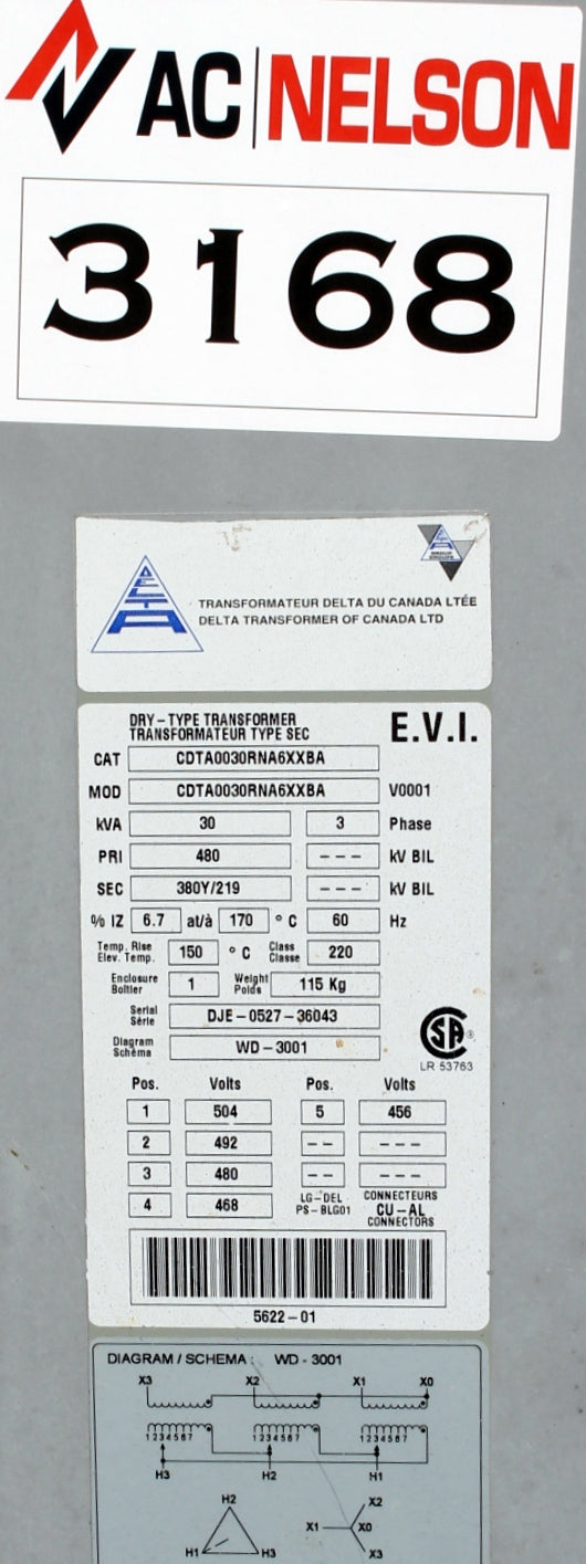 30 kVA DELTA Reconditioned Transformer 480-380/219V Cat No CDTA0030RNA6XXBH SKU 3168