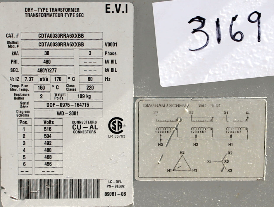 30 kVA DELTA Reconditioned Transformer 480-480Y/277V Cat No CDTA0030RRA6XXBB SKU 3169