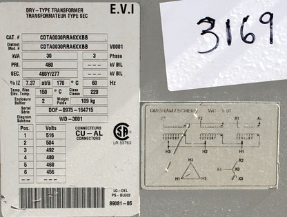 30 kVA DELTA Reconditioned Transformer 480-480Y/277V Cat No CDTA0030RRA6XXBB SKU 3169