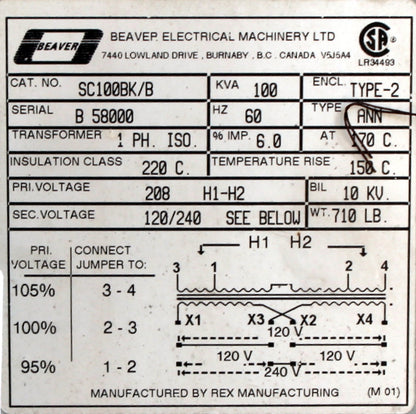 100 kVA REX Reconditioned Transformer 208-120/240V Cat No SC100BK/B SKU 3178