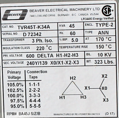 45 kVA REX Reconditioned Transformer 600-240/139V Cat No TUR45T-K34A SKU 3179