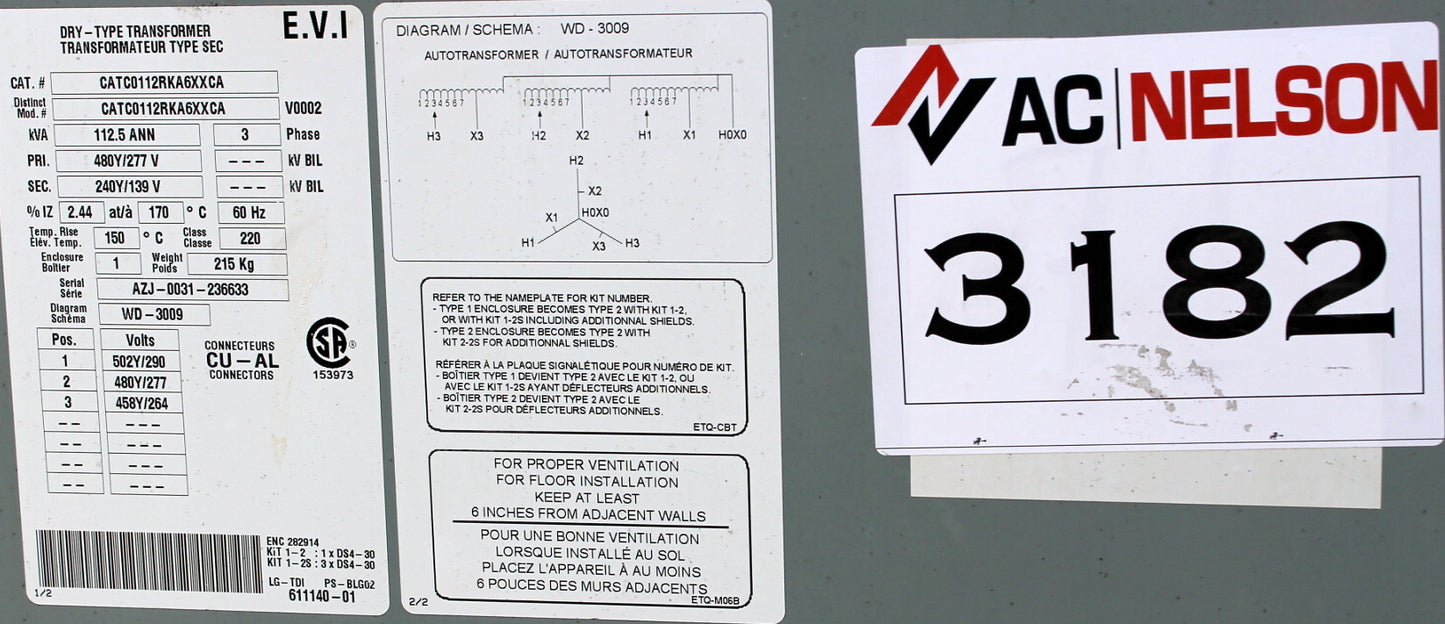 112.5 kVA DELTA Reconditioned Transformer 480/277-240/139V Cat No CATC011ZRKA6XXCA SKU 3182