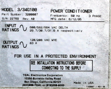 TEAL PWR COND Reconditioned Transformer 600-120/208V Cat No 3/34G100 SKU 3187