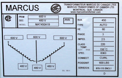 450 kVA MARCUS Reconditioned Transformer 600-480V Cat No MAT450A19 SKU 3190