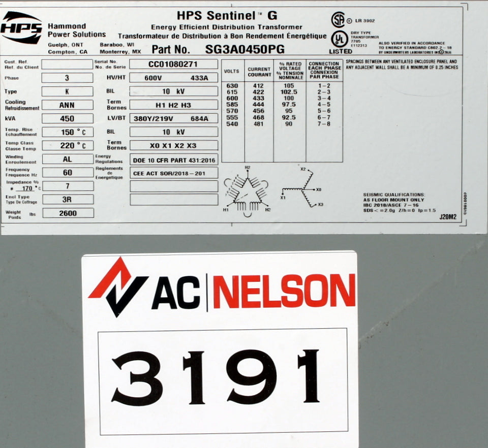 450 kVA HPS Reconditioned Transformer 600-380/219V Cat No SG3A0450PG SKU 3191