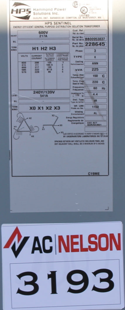 225 kVA HPS Reconditioned Transformer 600-240/139V Cat No 228645 SKU 3193