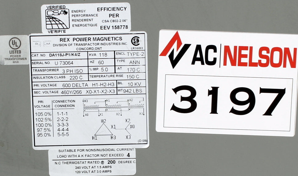 118 kVA REX Reconditioned Transformer 600-460/266V Cat No DA118J-P1K4/Z SKU 3197