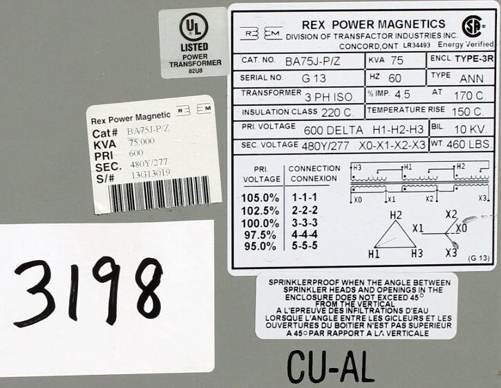 75 kVA REX Reconditioned Transformer 600-277/480V Cat No BA75JP/Z SKU 3198