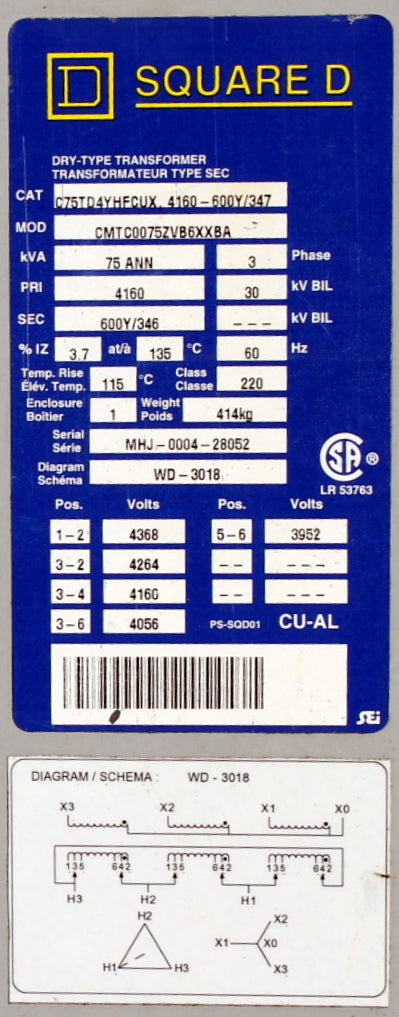 75 kVA SQD Reconditioned Transformer 4160-347/600V Cat No C75TD4YHFCUX SKU 3199