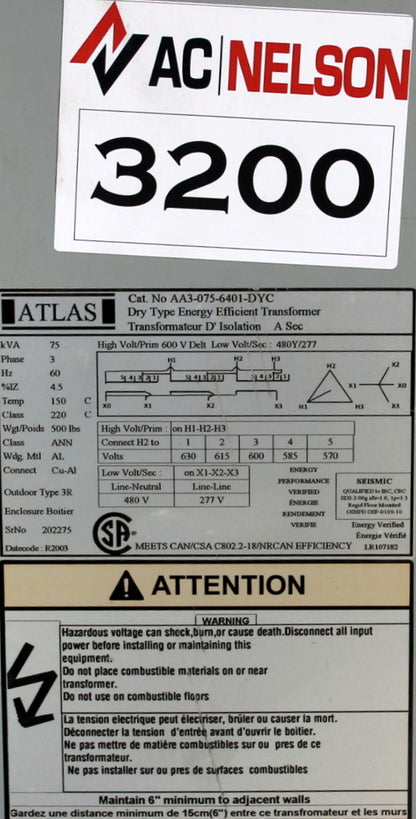 75 kVA ATLAS Reconditioned Transformer 600-277/480V Cat No AA3-075-6401DYC SKU 3200