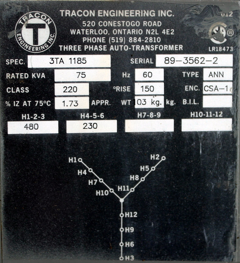 75 kVA TRACON Reconditioned Transformer 480-230V Cat No 3TA1185 SKU 3202