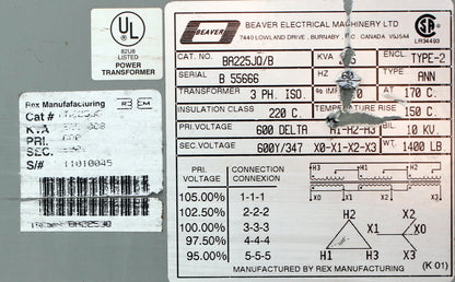 225 kVA REX Reconditioned Transformer 600-600/347V Cat No BA225JQ/B SKU 3203