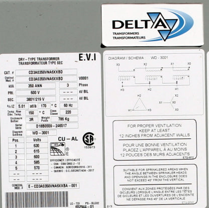 350 kVA DELTA Reconditioned Transformer 600-380/219V Cat No CD3A0350UNA6XXBD SKU 3204