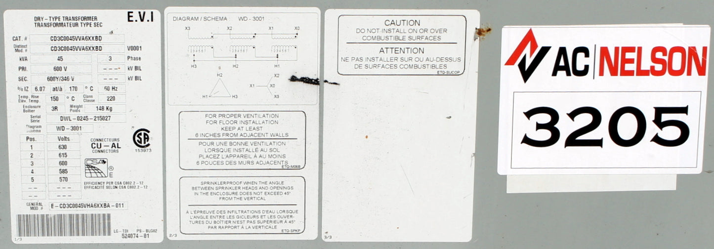 45 kVA DELTA Reconditioned Transformer 600-600/347V Cat No CD3C0045VVA6XXBD SKU 3205