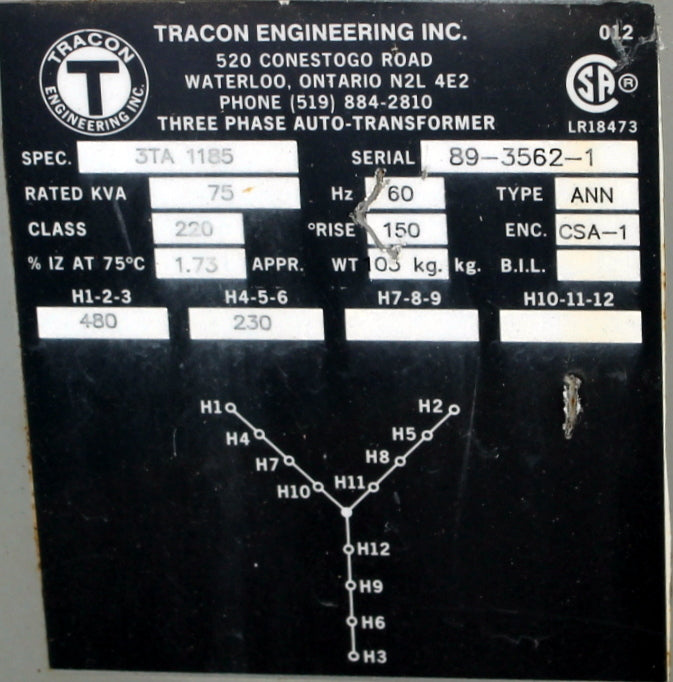 75 kVA TRACON Reconditioned Transformer 480-230V Cat No 3TA1185 SKU 3206