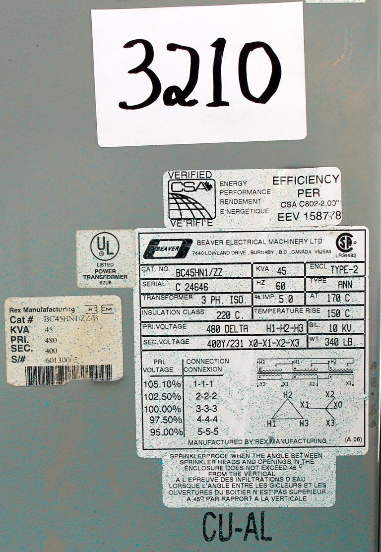 45 kVA REX Reconditioned Transformer 480-400/231V Cat No BC45HNI/ZZ SKU 3210