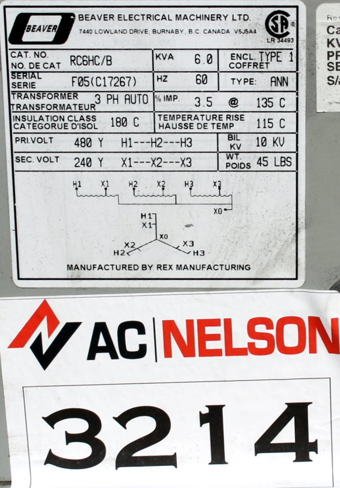 6 kVA REX Reconditioned Transformer 480-240V Cat No RC6HC/B SKU 3214