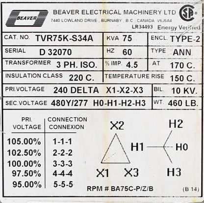 75 kVA REX Reconditioned Transformer 240-480/277V Cat No TVR75K-S34A SKU 3219