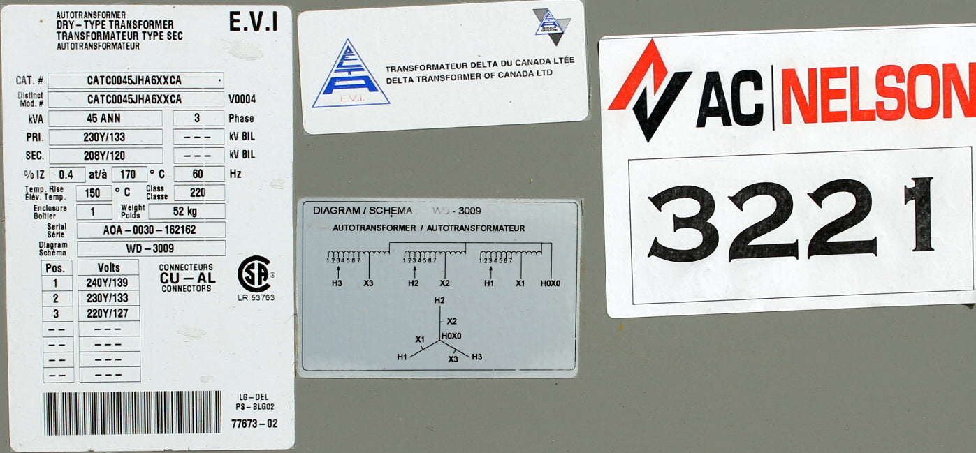 45 kVA DELTA Reconditioned Transformer 230/133-208/120V Cat No CATC0045JAH6XXCA SKU 3221