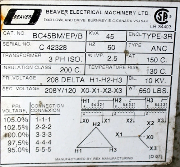 45 kVA REX Reconditioned Transformer 208-120/208V Cat No BC45BM/EP/13 SKU 3222