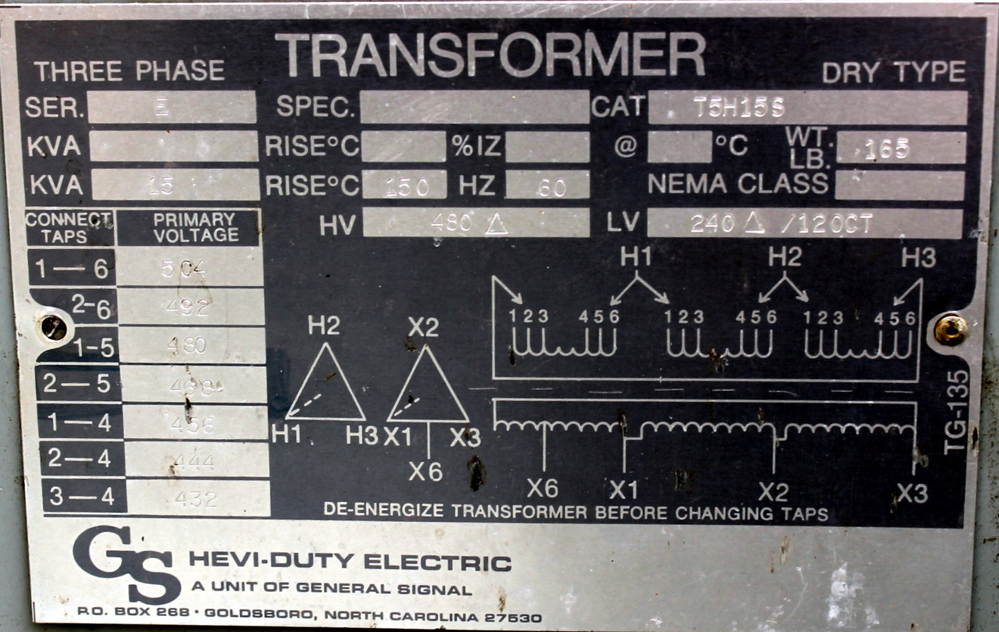 15 kVA G/S Reconditioned Transformer 480-240/120V Cat No T5H155 SKU 3224