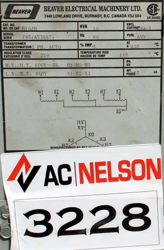 10 kVA REX Reconditioned Transformer 600-480V Cat No R10JH SKU 3228