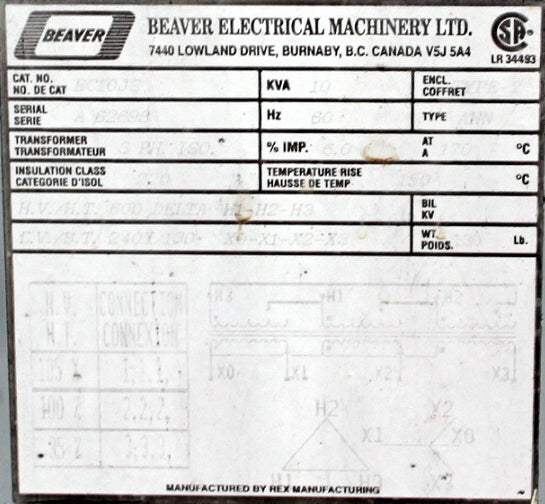 10 kVA REX Reconditioned Transformer 600-240/130V Cat No BC10JS SKU 3229