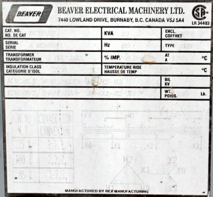 10 kVA REX Reconditioned Transformer 600-240/130V Cat No BC10JS SKU 3229