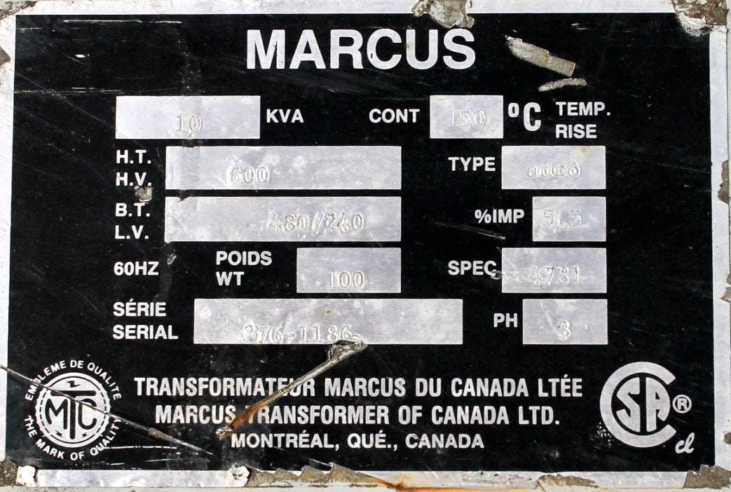 10 kVA MARCUS Reconditioned Transformer 600-480/240V Cat No 376-1186 SKU 3230