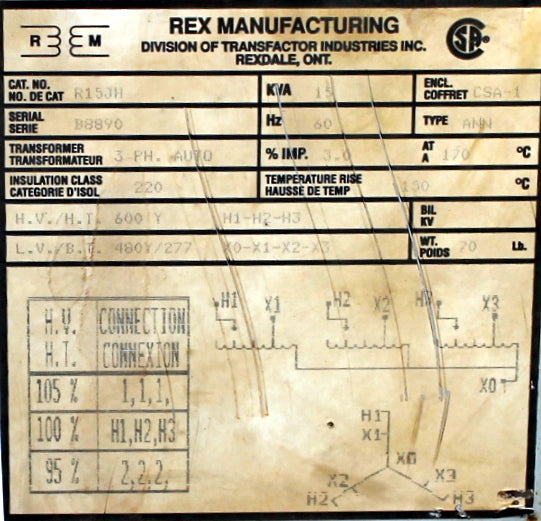 10 kVA REX Reconditioned Transformer 600-480V Cat No AVR10T54C SKU 3236