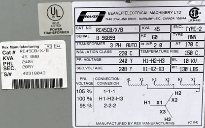 45 kVA REX Reconditioned Transformer 240-208V Cat No RC45CB/X/B SKU 3237