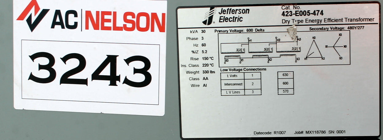 30 kVA JEFFERSON Reconditioned Transformer 600-277/480V Cat No 423-E005-474 SKU 3243