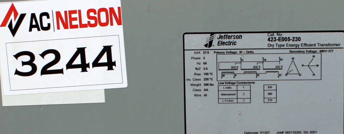 27 kVA JEFFERSON Reconditioned Transformer 600-277/480V Cat No 423-E005-230 SKU 3244