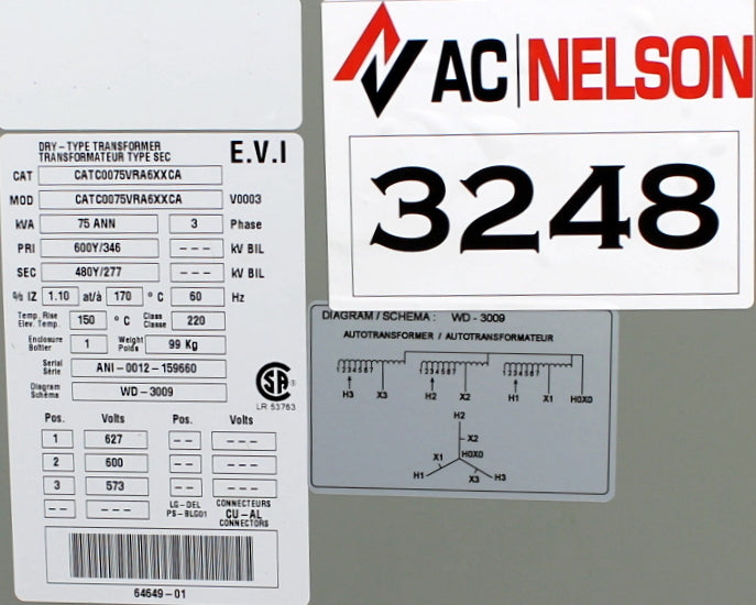 75 kVA DELTA Reconditioned Transformer 600-480/277V Cat No CATC0075VRA6XXCA SKU 3248